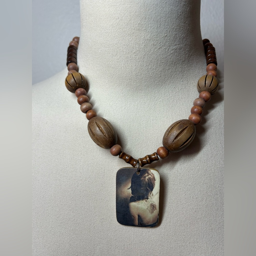 Boho Wooden Chunky Seed Necklace with Female Portrait Pendant